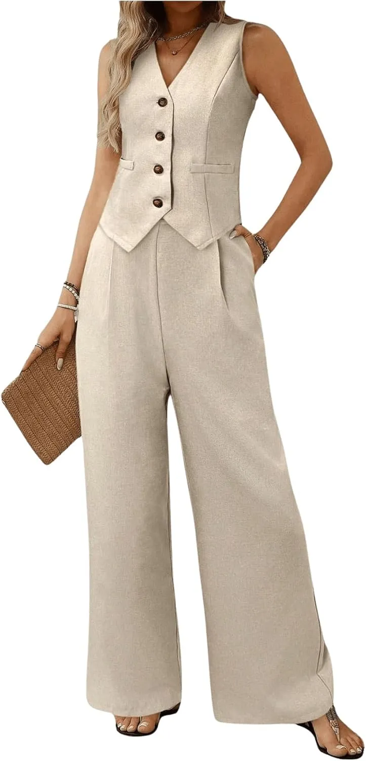 MakeMeChic Women's 2 Piece Outfit Sleeveless Button Down Vest Blazer and Wide Leg Pants Suit Matching Set