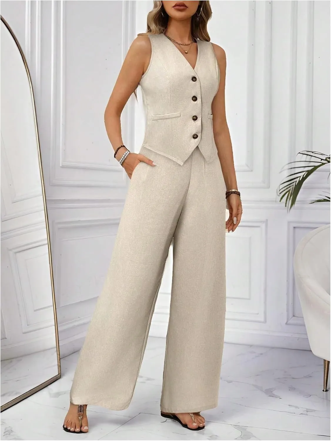 MakeMeChic Women's 2 Piece Outfit Sleeveless Button Down Vest Blazer and Wide Leg Pants Suit Matching Set