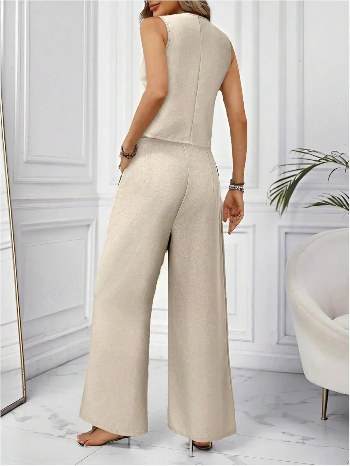 MakeMeChic Women's 2 Piece Outfit Sleeveless Button Down Vest Blazer and Wide Leg Pants Suit Matching Set