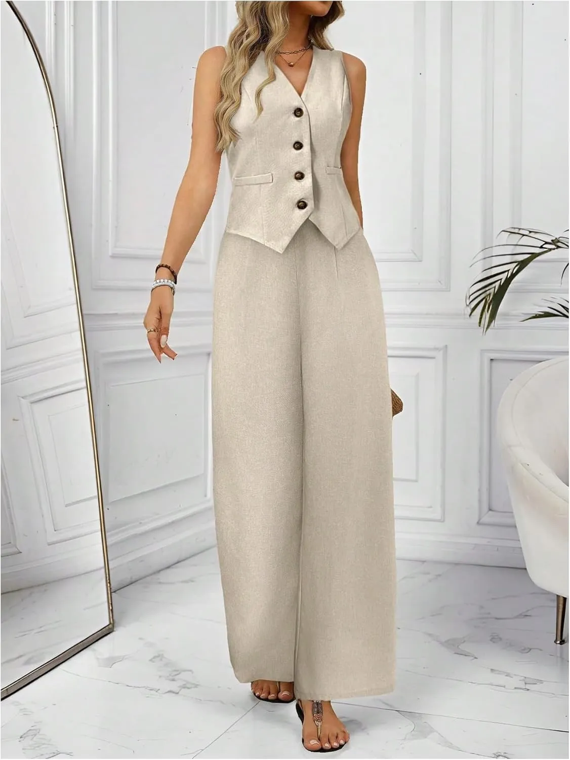 MakeMeChic Women's 2 Piece Outfit Sleeveless Button Down Vest Blazer and Wide Leg Pants Suit Matching Set