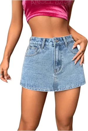MakeMeChic Women's Denim High Waist Button Zipper Pocket Y2K Jeans Shorts Skorts