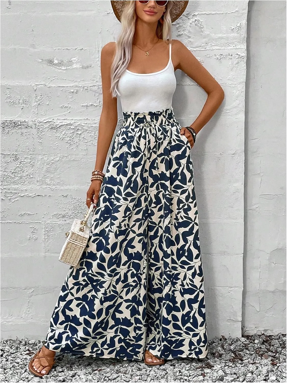 MakeMeChic Women's Floral Wide Leg Trousers Elastic High Waist Frill Trim Loose Long Palazzo Pants