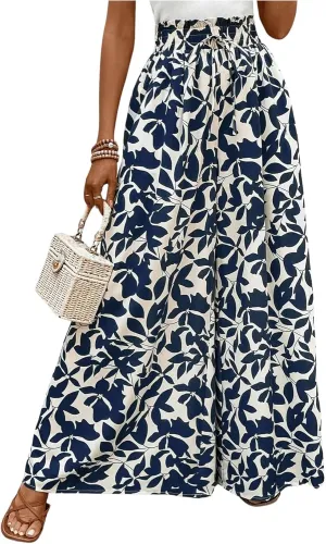 MakeMeChic Women's Floral Wide Leg Trousers Elastic High Waist Frill Trim Loose Long Palazzo Pants