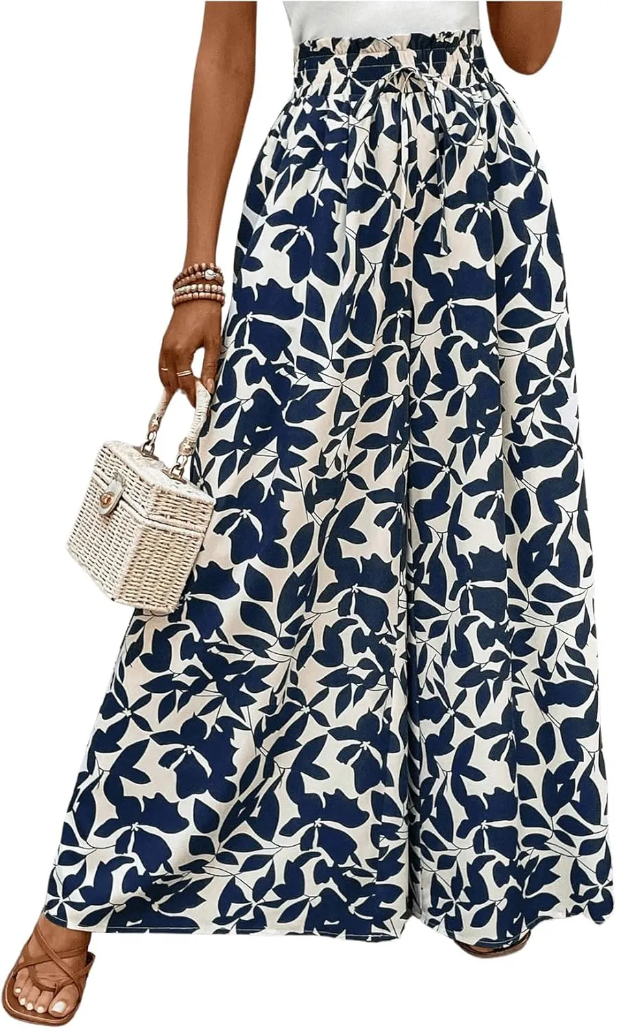 MakeMeChic Women's Floral Wide Leg Trousers Elastic High Waist Frill Trim Loose Long Palazzo Pants