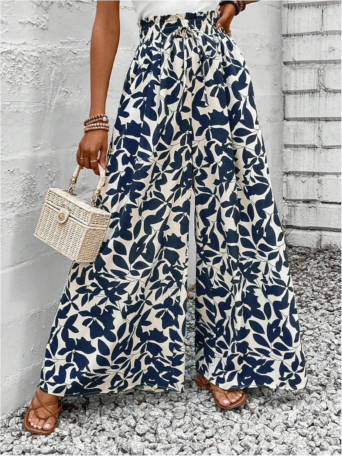 MakeMeChic Women's Floral Wide Leg Trousers Elastic High Waist Frill Trim Loose Long Palazzo Pants