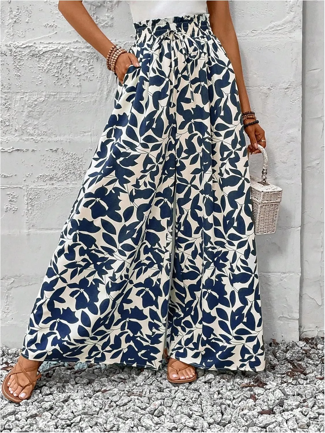 MakeMeChic Women's Floral Wide Leg Trousers Elastic High Waist Frill Trim Loose Long Palazzo Pants