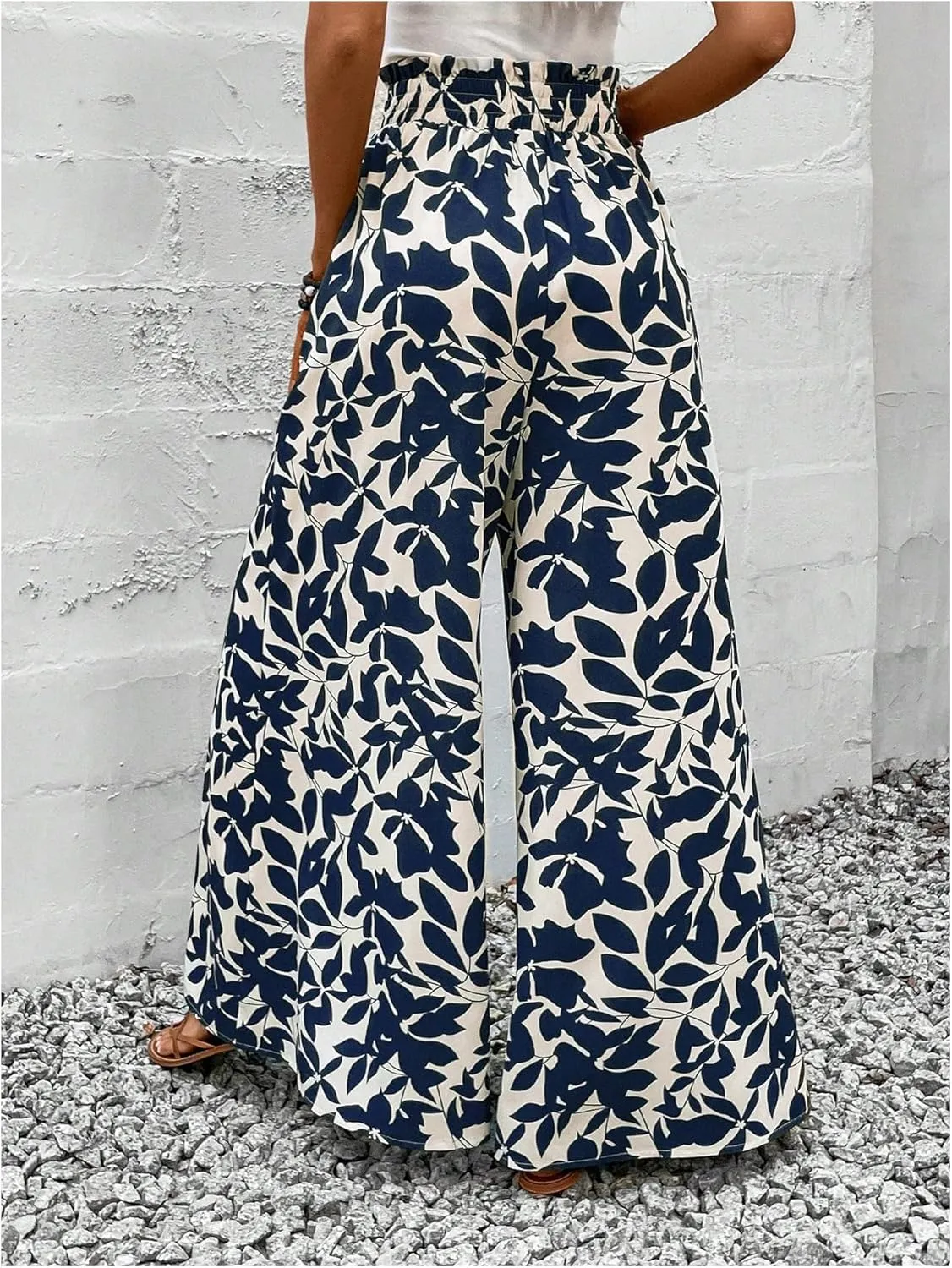 MakeMeChic Women's Floral Wide Leg Trousers Elastic High Waist Frill Trim Loose Long Palazzo Pants