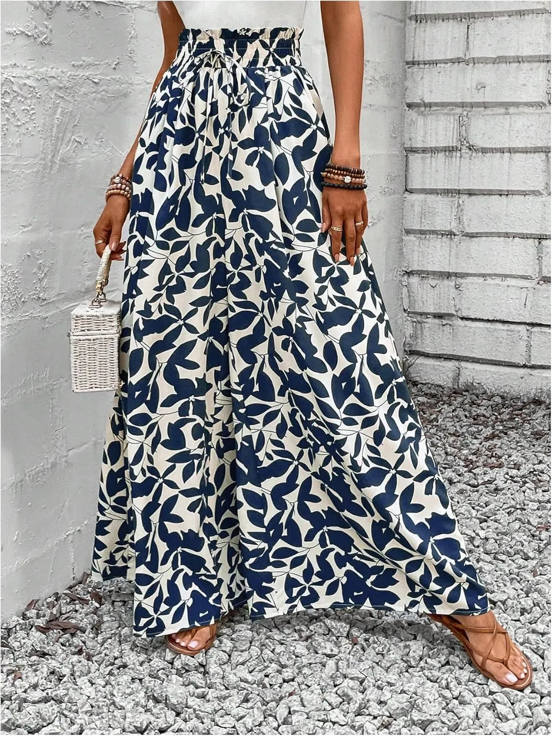 MakeMeChic Women's Floral Wide Leg Trousers Elastic High Waist Frill Trim Loose Long Palazzo Pants