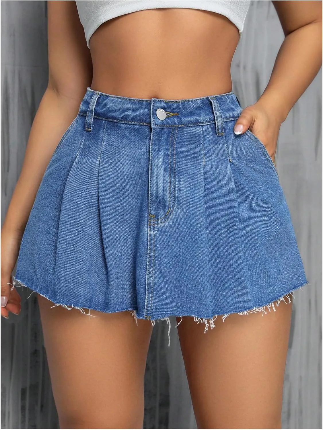 MakeMeChic Women's Frayed Raw Hem Denim Mini Skirt High Waisted Pleated Skort Shorts