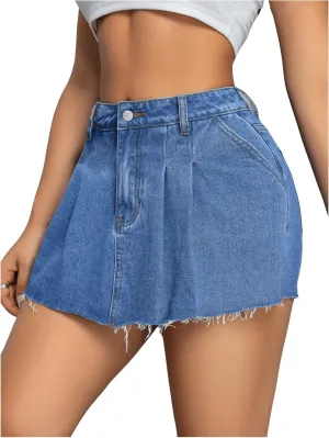 MakeMeChic Women's Frayed Raw Hem Denim Mini Skirt High Waisted Pleated Skort Shorts