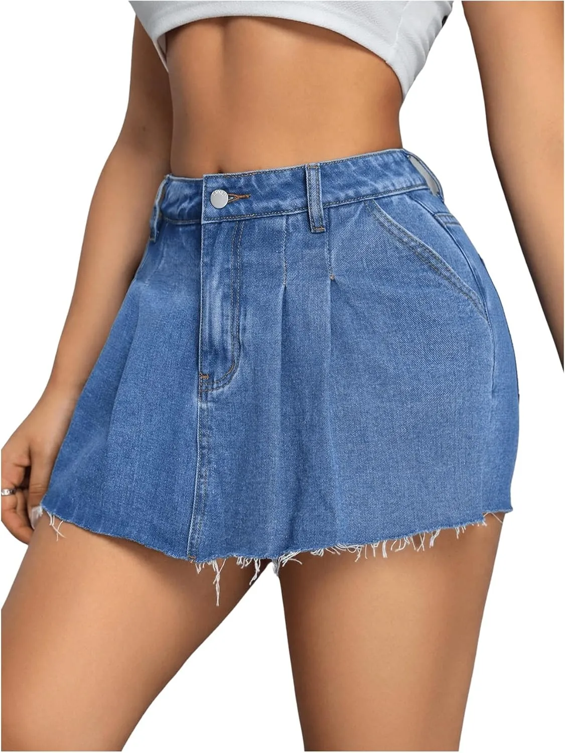 MakeMeChic Women's Frayed Raw Hem Denim Mini Skirt High Waisted Pleated Skort Shorts