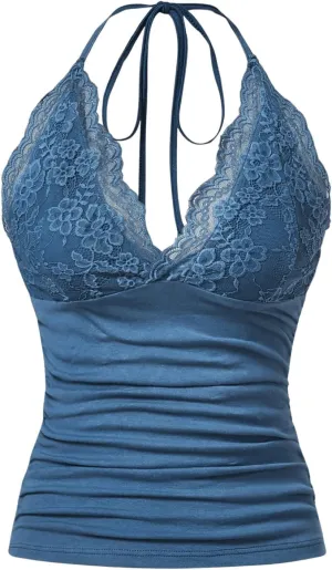 MakeMeChic Women's Halter Top Y2K Lace V Neck Ruched Low Cut Halter Tank Tops Camisole Tops