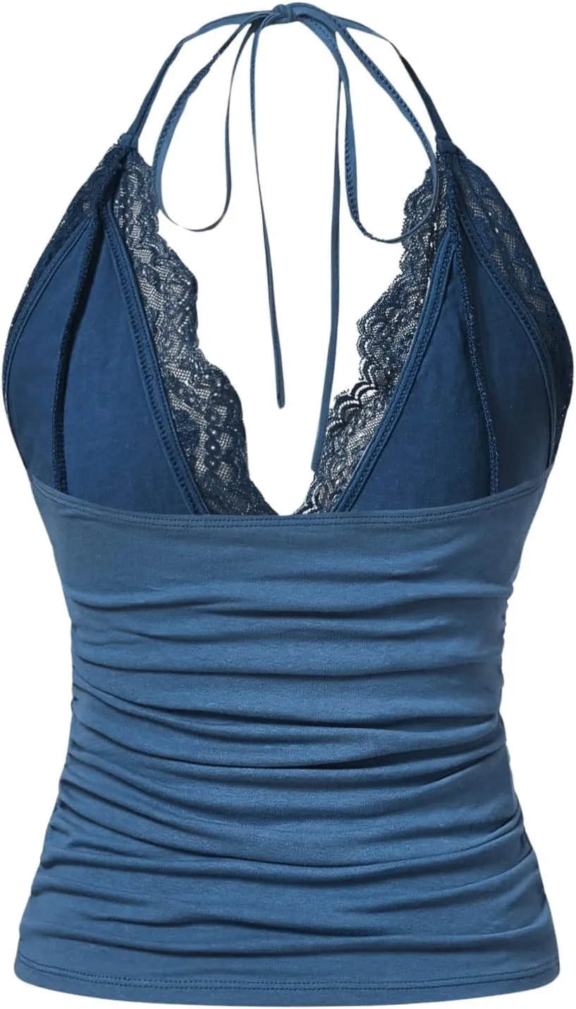 MakeMeChic Women's Halter Top Y2K Lace V Neck Ruched Low Cut Halter Tank Tops Camisole Tops