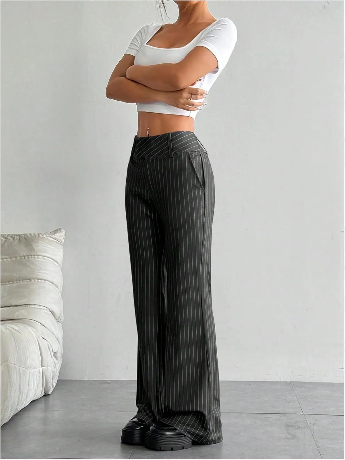 MakeMeChic Women's Striped Dressy Pants Straight Leg Work Office Long Trousers