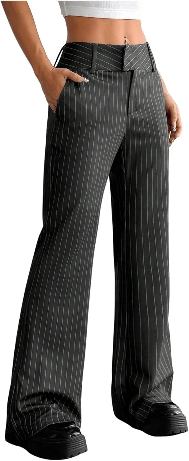 MakeMeChic Women's Striped Dressy Pants Straight Leg Work Office Long Trousers