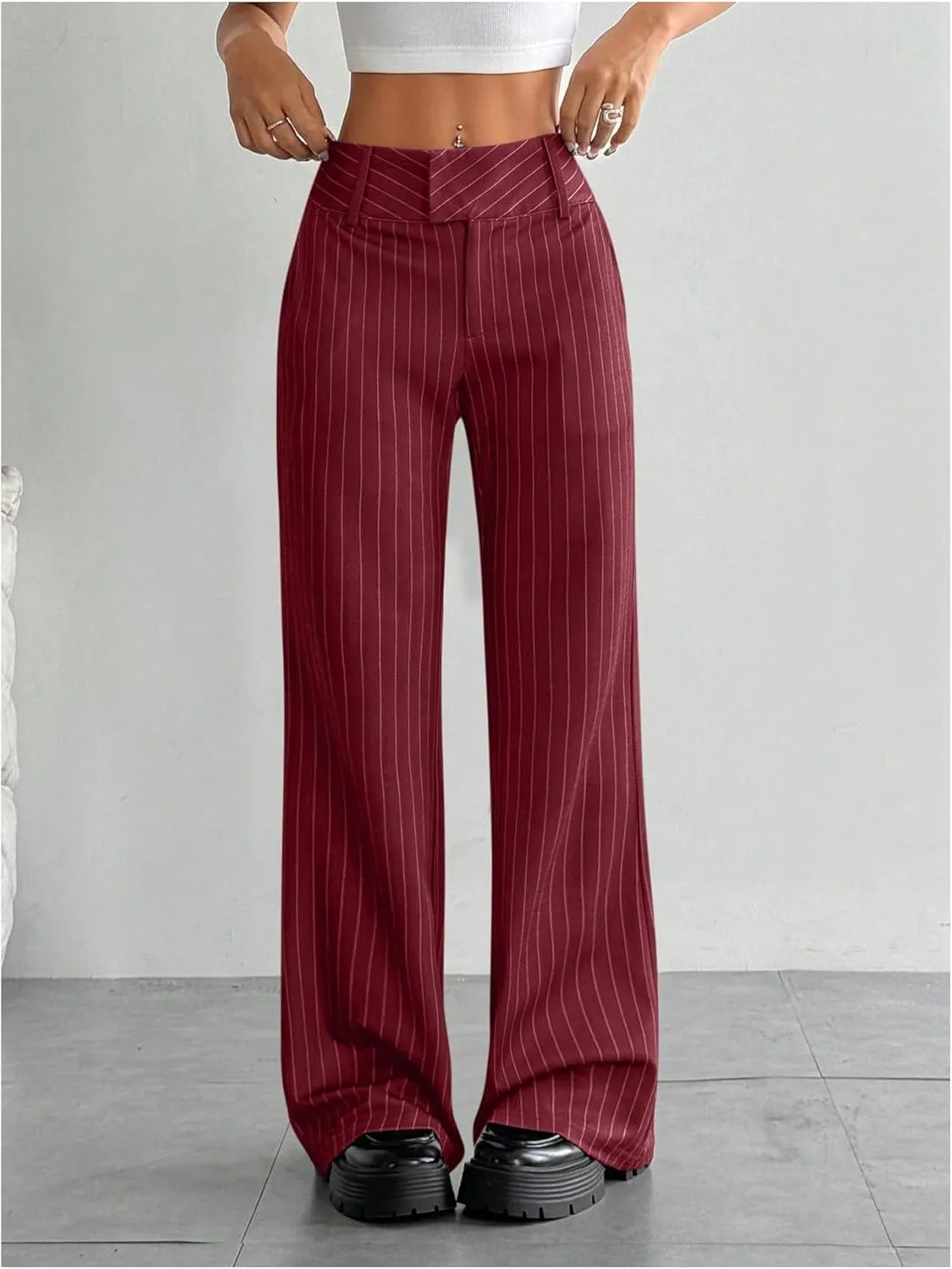 MakeMeChic Women's Striped Dressy Pants Straight Leg Work Office Long Trousers