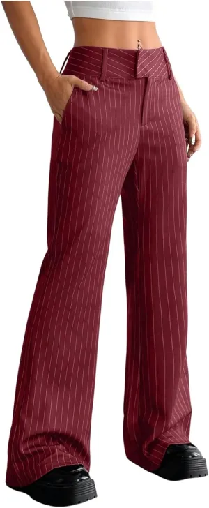 MakeMeChic Women's Striped Dressy Pants Straight Leg Work Office Long Trousers