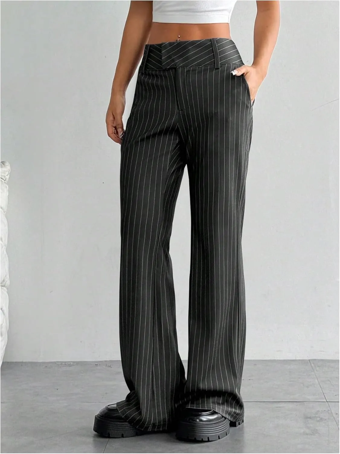 MakeMeChic Women's Striped Dressy Pants Straight Leg Work Office Long Trousers