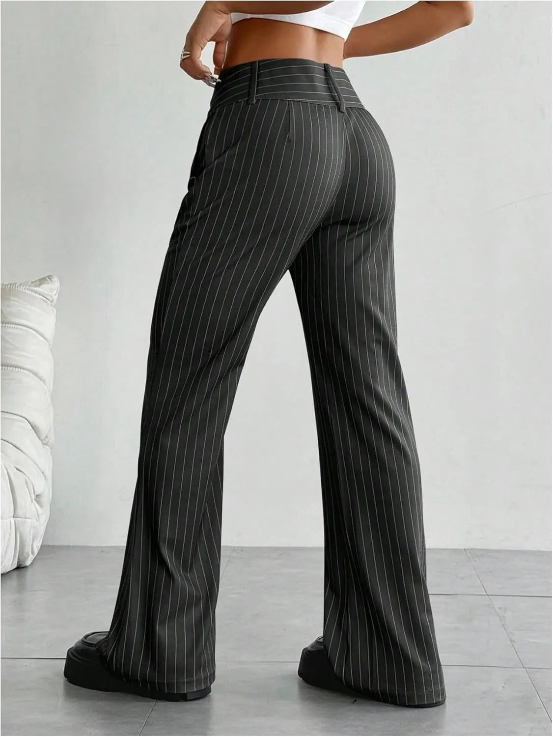 MakeMeChic Women's Striped Dressy Pants Straight Leg Work Office Long Trousers