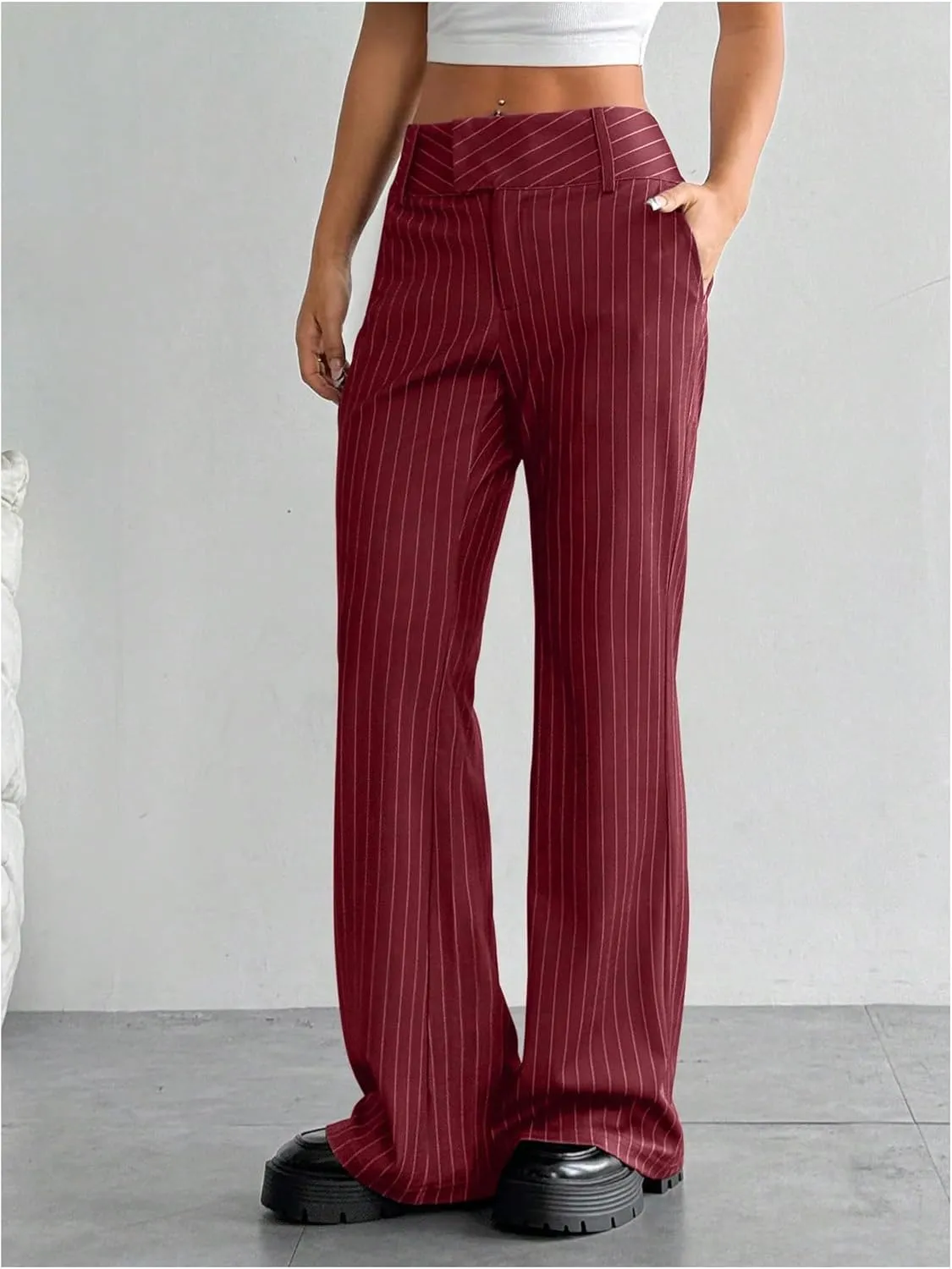 MakeMeChic Women's Striped Dressy Pants Straight Leg Work Office Long Trousers