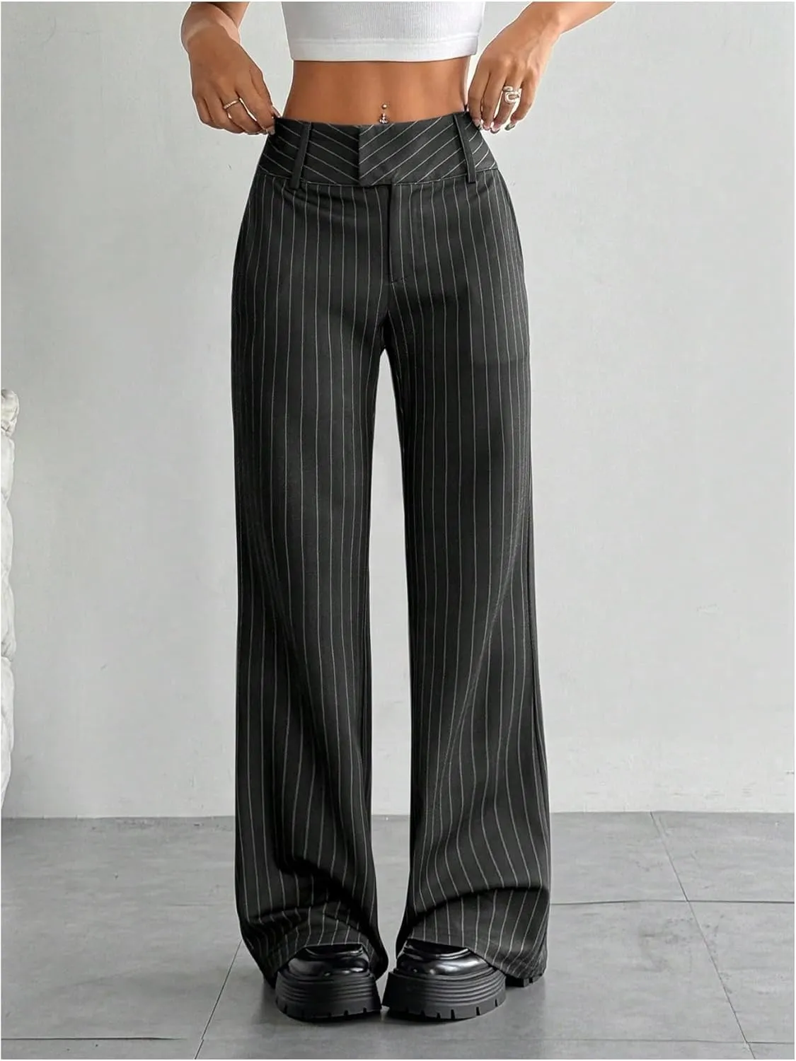MakeMeChic Women's Striped Dressy Pants Straight Leg Work Office Long Trousers