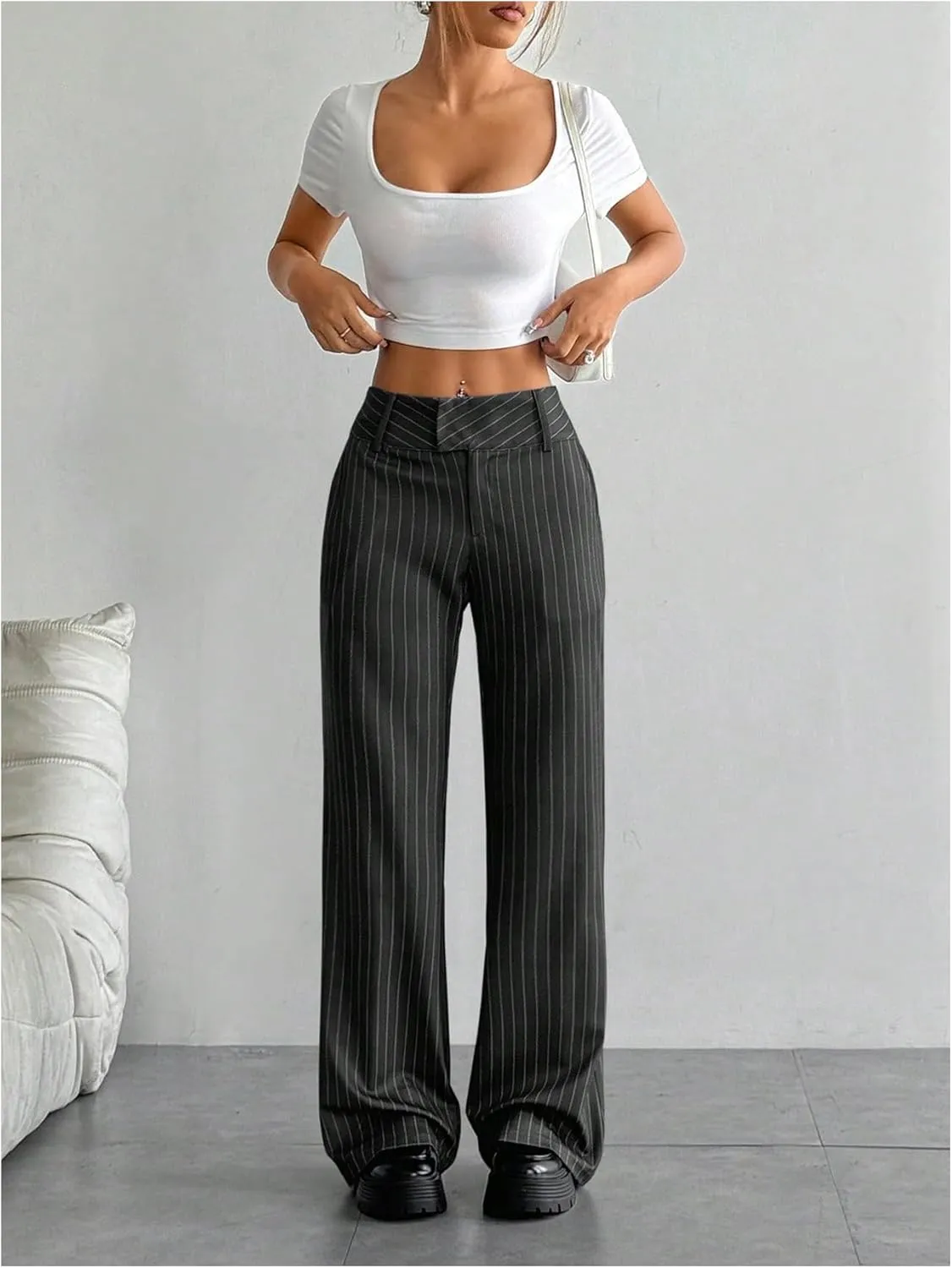 MakeMeChic Women's Striped Dressy Pants Straight Leg Work Office Long Trousers