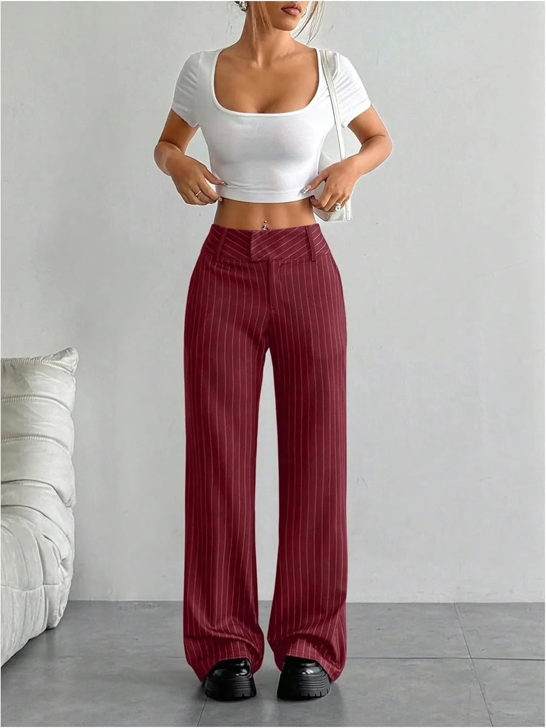 MakeMeChic Women's Striped Dressy Pants Straight Leg Work Office Long Trousers