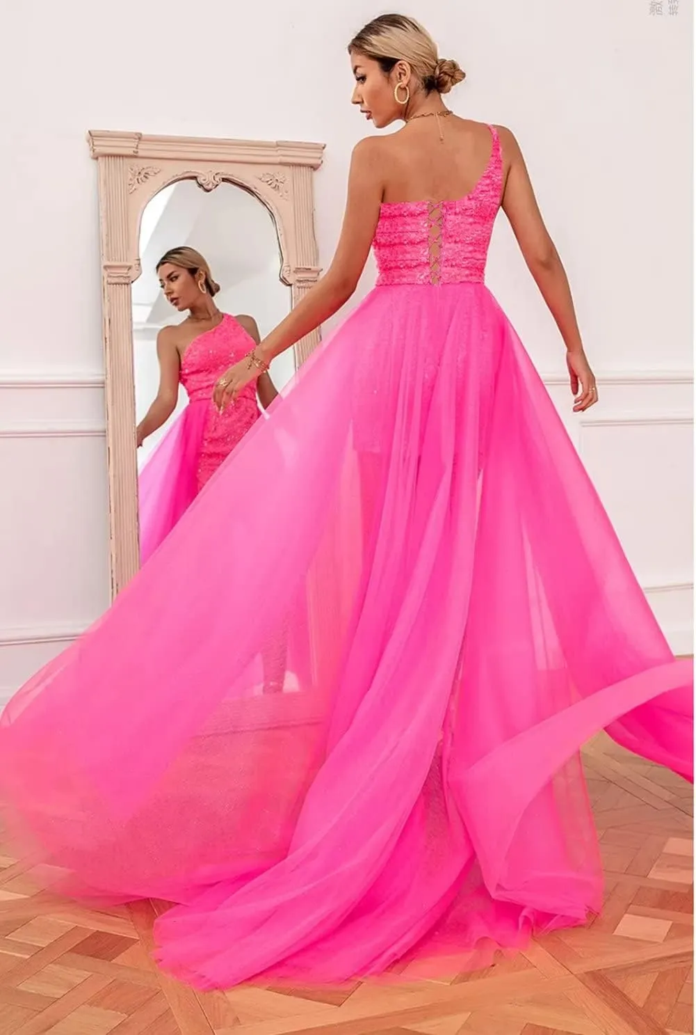 Mauuwy One Shoulder Short Prom Dresses with Detachable Train Sequin Homecoming Dresses Tight Cocktail Dress YMX98