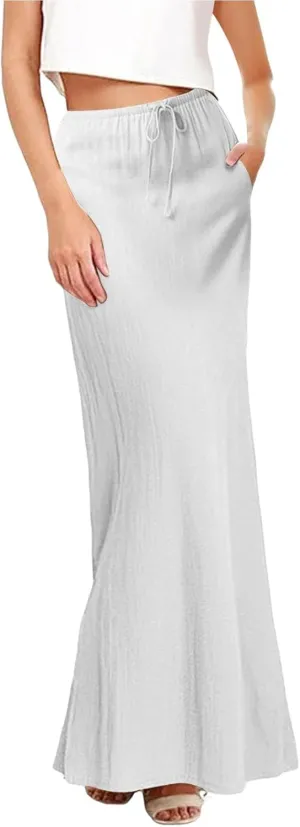 Maxi Skirt for Women Daily Casual Elegant Solid Color A Skirts Vintage Elastic Waist Skirt 2025 Summer Trendy