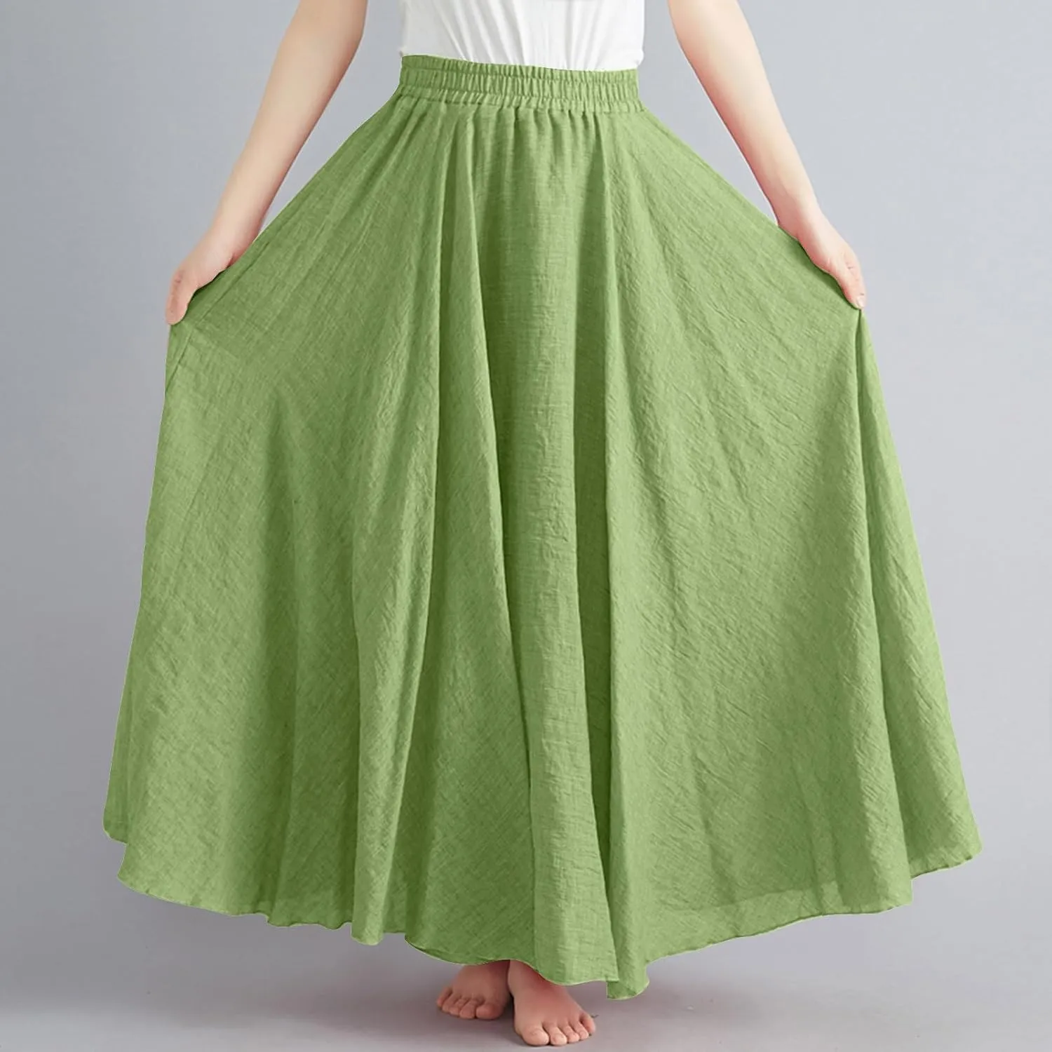 Maxi Skirts for Women 2024 Fashion Solid Ruffle Linen Skirt Summer Stretchy High Waist A-Line Skirt Casual Long Skirt
