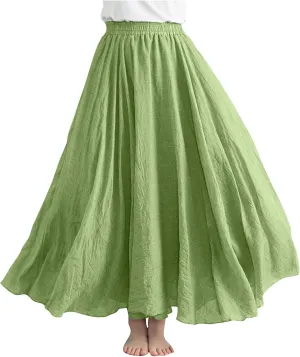 Maxi Skirts for Women 2024 Fashion Solid Ruffle Linen Skirt Summer Stretchy High Waist A-Line Skirt Casual Long Skirt