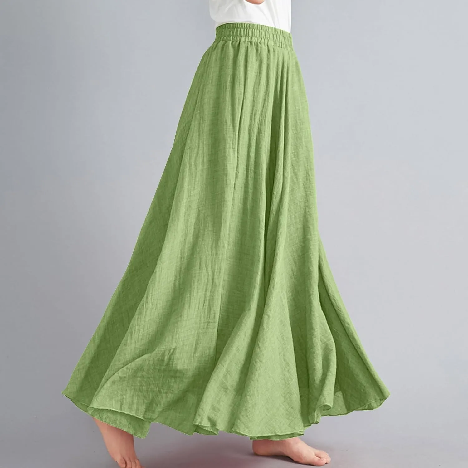 Maxi Skirts for Women 2024 Fashion Solid Ruffle Linen Skirt Summer Stretchy High Waist A-Line Skirt Casual Long Skirt