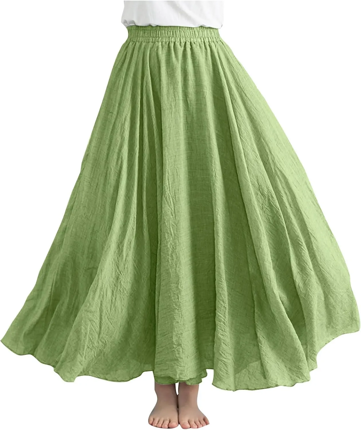 Maxi Skirts for Women 2024 Fashion Solid Ruffle Linen Skirt Summer Stretchy High Waist A-Line Skirt Casual Long Skirt