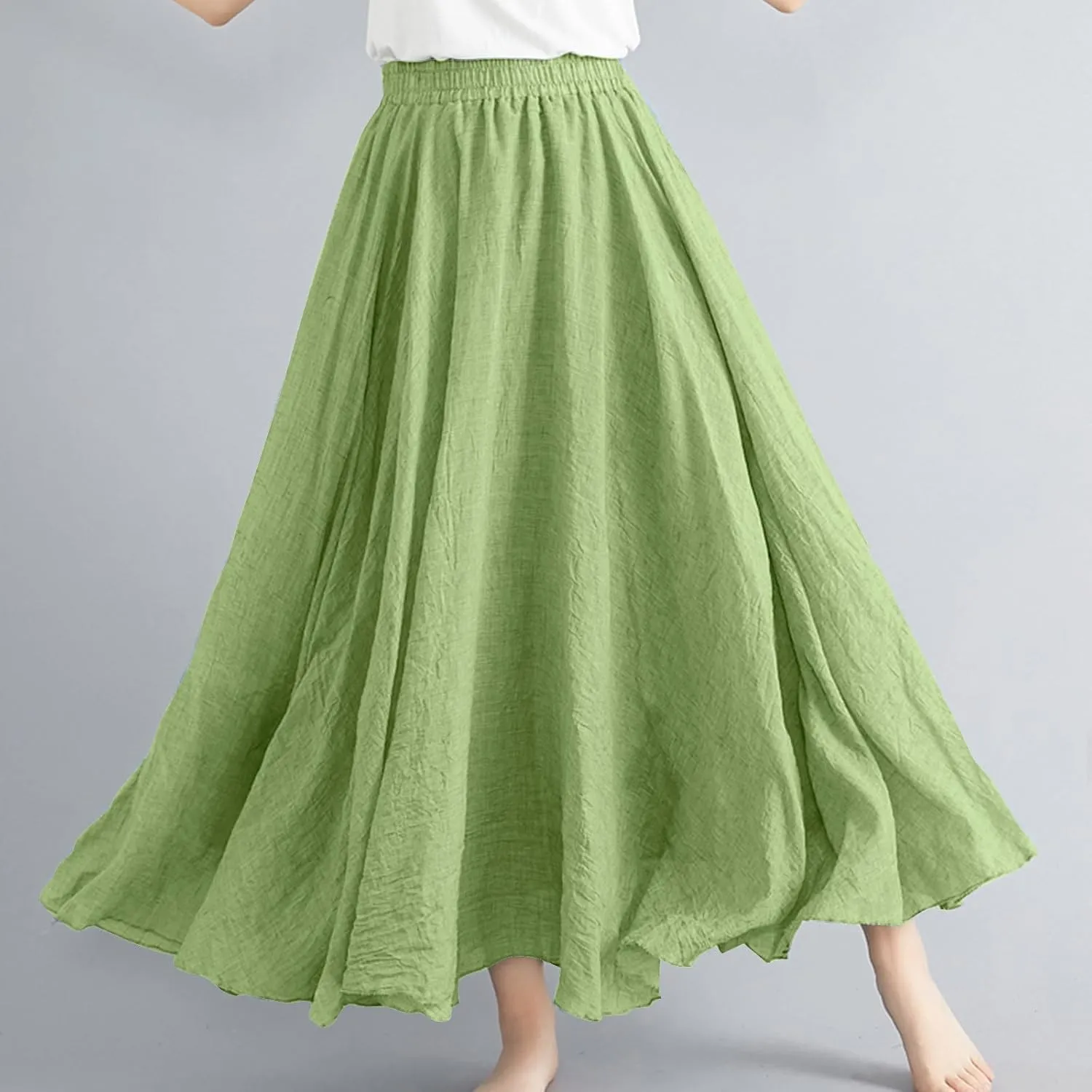 Maxi Skirts for Women 2024 Fashion Solid Ruffle Linen Skirt Summer Stretchy High Waist A-Line Skirt Casual Long Skirt
