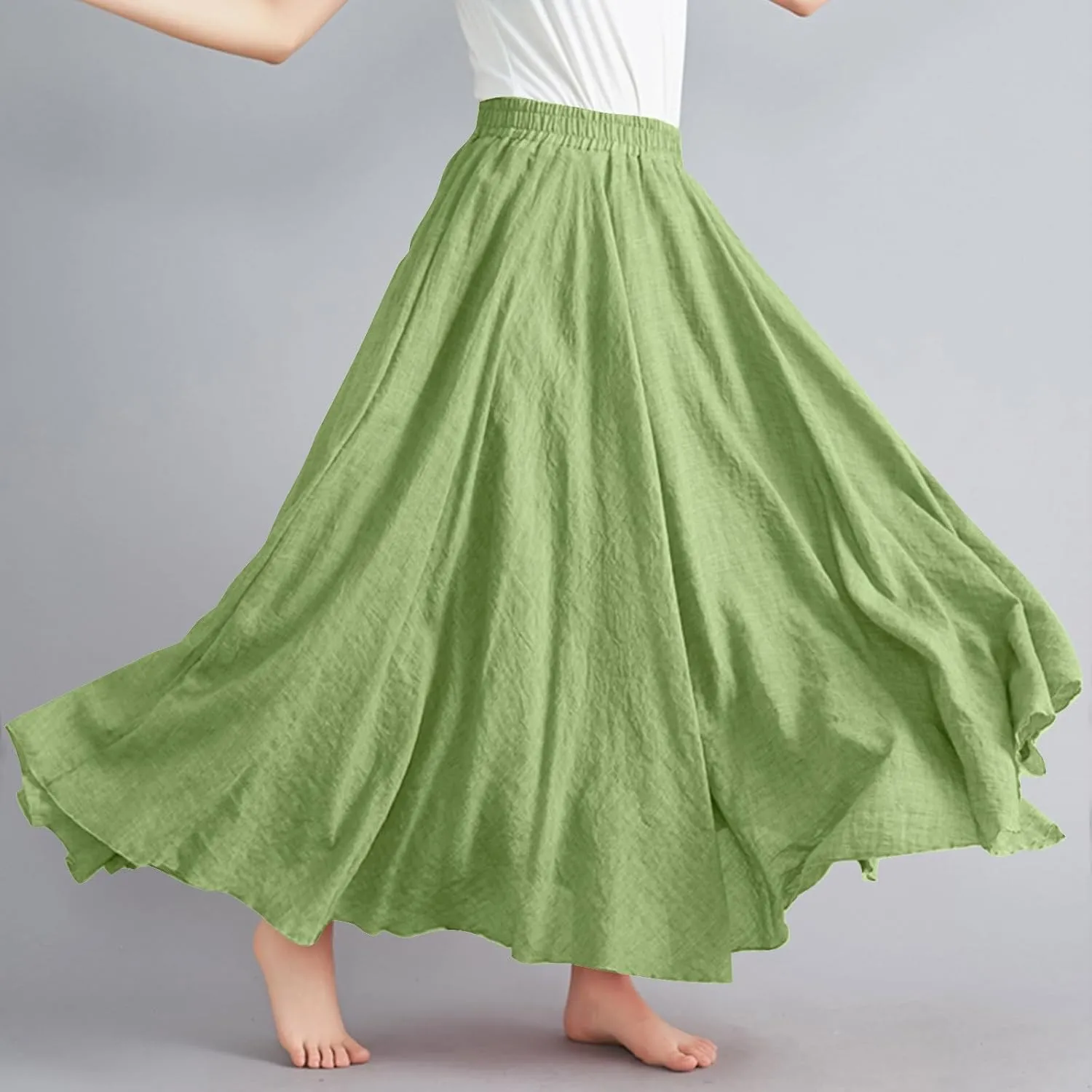 Maxi Skirts for Women 2024 Fashion Solid Ruffle Linen Skirt Summer Stretchy High Waist A-Line Skirt Casual Long Skirt