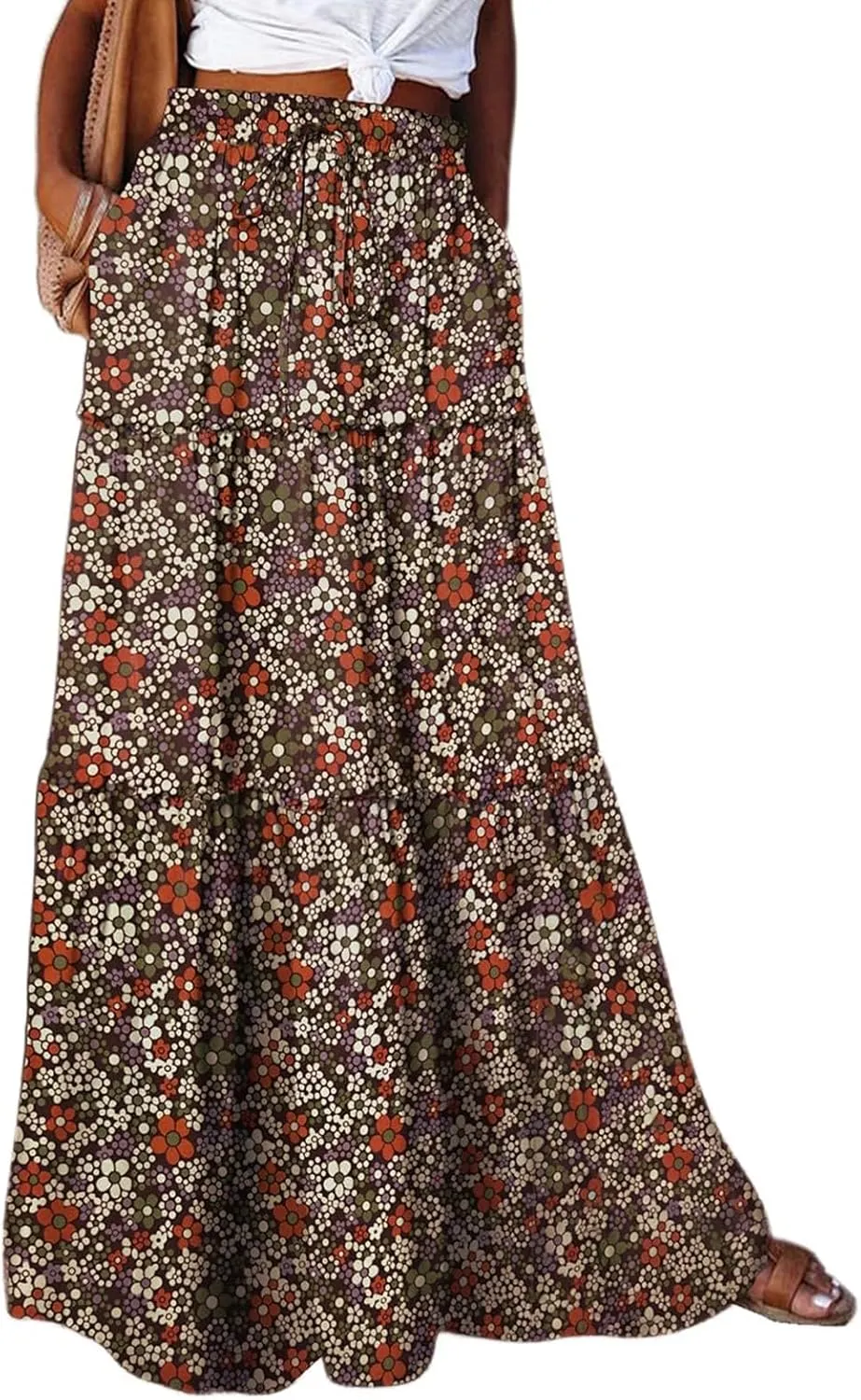 Maxi Skirts for Women 2025 Summer Beach Boho Casual High Waist Tie Paisley Print Tiered Long Skirt with Pockets
