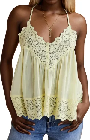 Meladyan Women's Lace Trim Camisole Top V Neck Spaghetti Strap Sleeveless Racerback Flowy Sheer Tank Tops