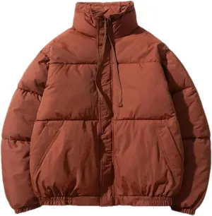 Men Drawstring Stand Collar Solid Cotton-Padded Classic Thicken Loose Zipper Parka Coat