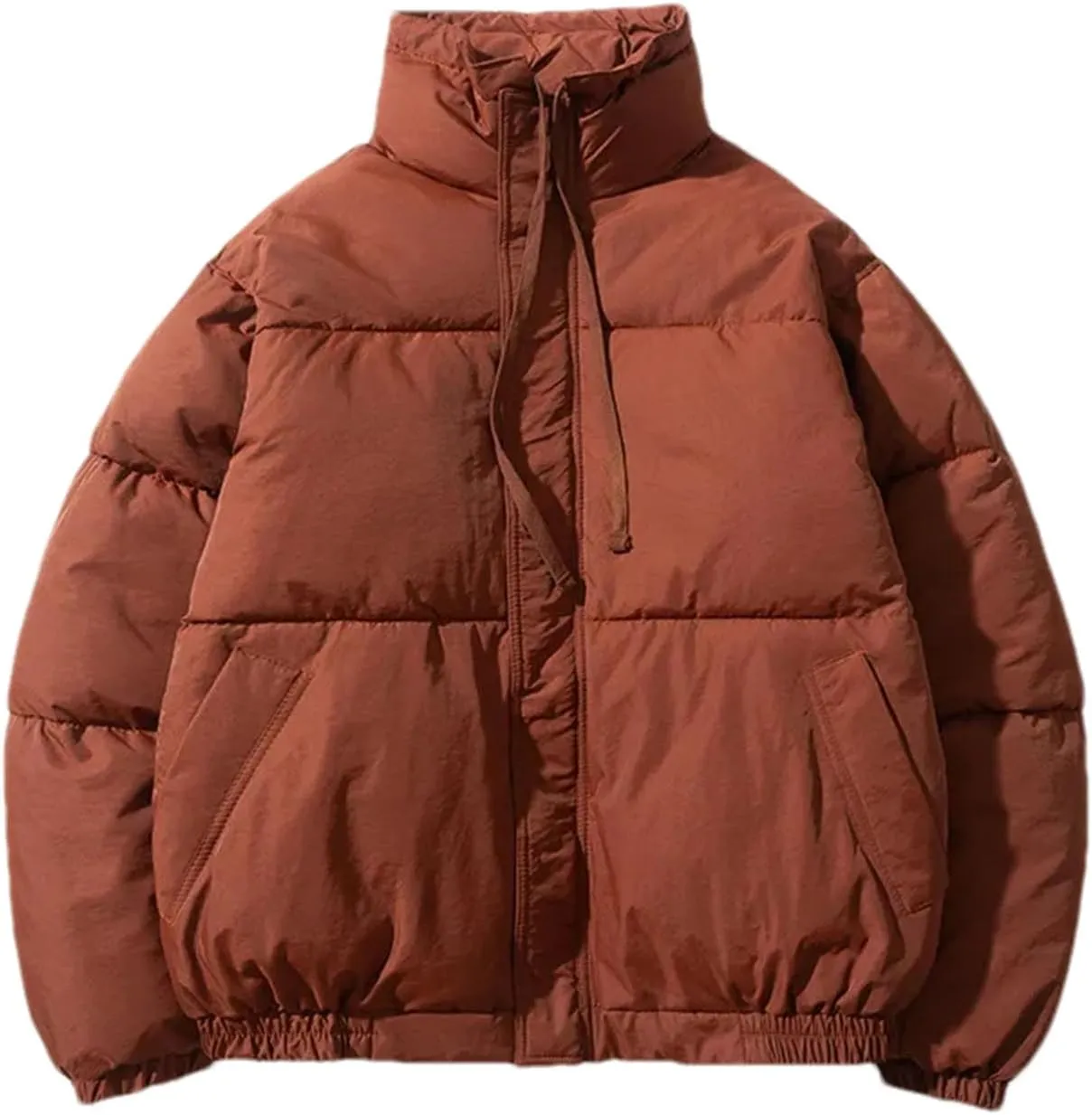 Men Drawstring Stand Collar Solid Cotton-Padded Classic Thicken Loose Zipper Parka Coat