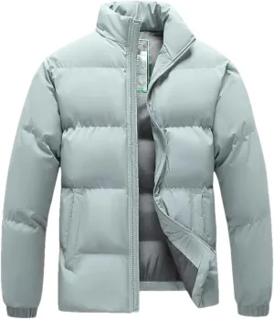 Men Stand Collar Solid Zipper Cotton-Padded Jacket Classic Outdoor Oversized Thick Parka Coat
