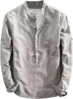 Men's Linen Cotton Pullover Shirts Solid Long Sleeve Casual Shirt Men Social Business Mandarin Collar Dress Shirts