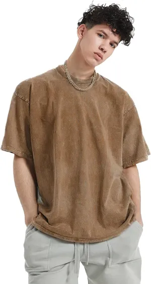 Men's Oversized t-Shirt Cotton Unisex Short Casual Vintage Short Sleeves wash Solid Basic tee Tops