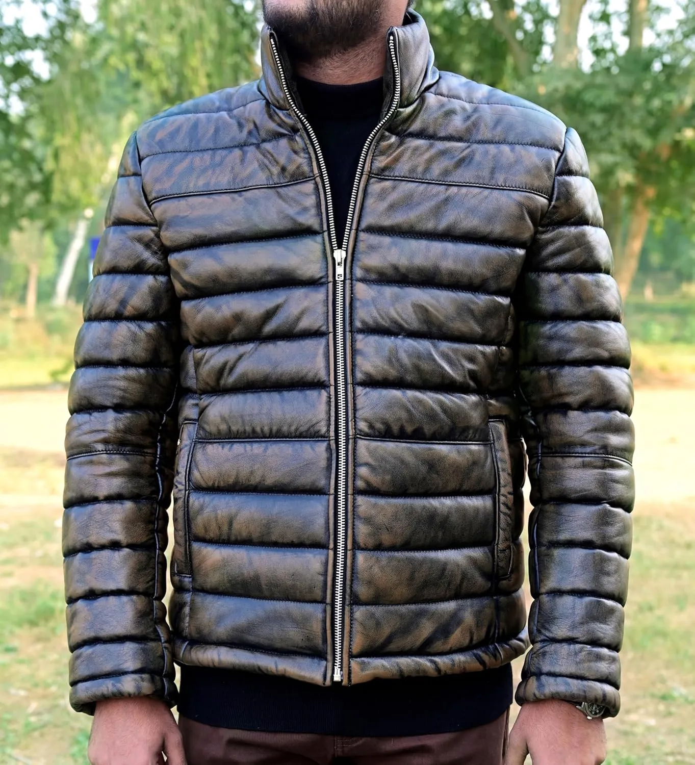 Mens Puffer Jacket Lambskin Down Leather Quilted Jacket Lightweight Zip Up Winter Mens Puffer Coat