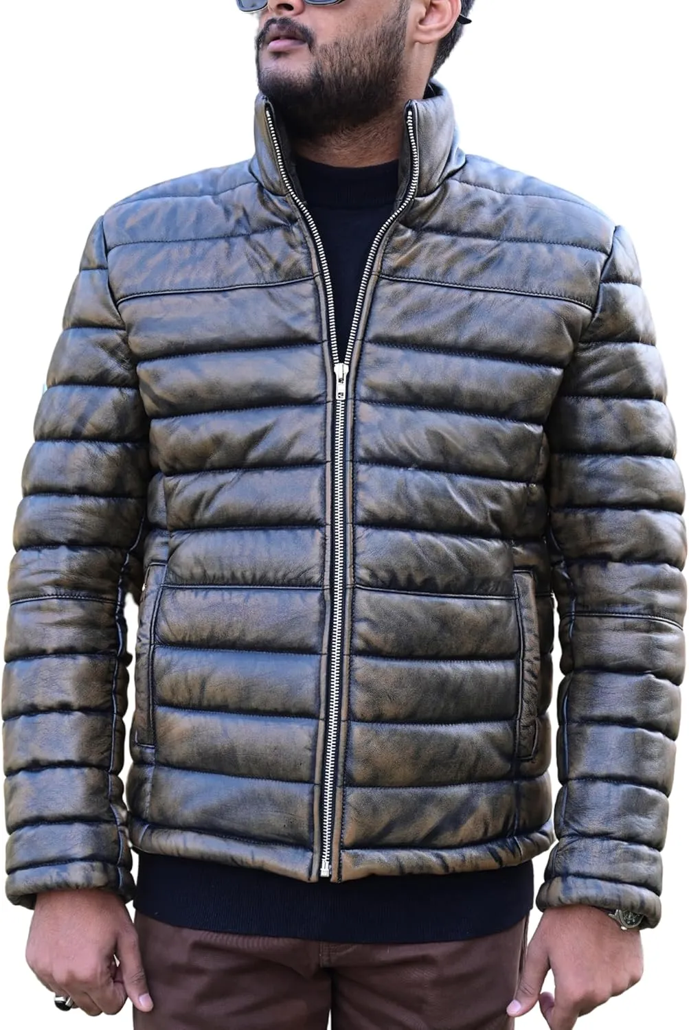 Mens Puffer Jacket Lambskin Down Leather Quilted Jacket Lightweight Zip Up Winter Mens Puffer Coat