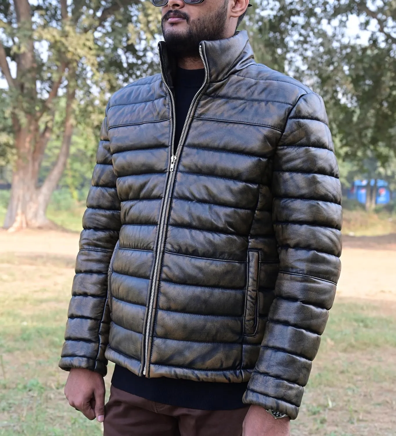 Mens Puffer Jacket Lambskin Down Leather Quilted Jacket Lightweight Zip Up Winter Mens Puffer Coat