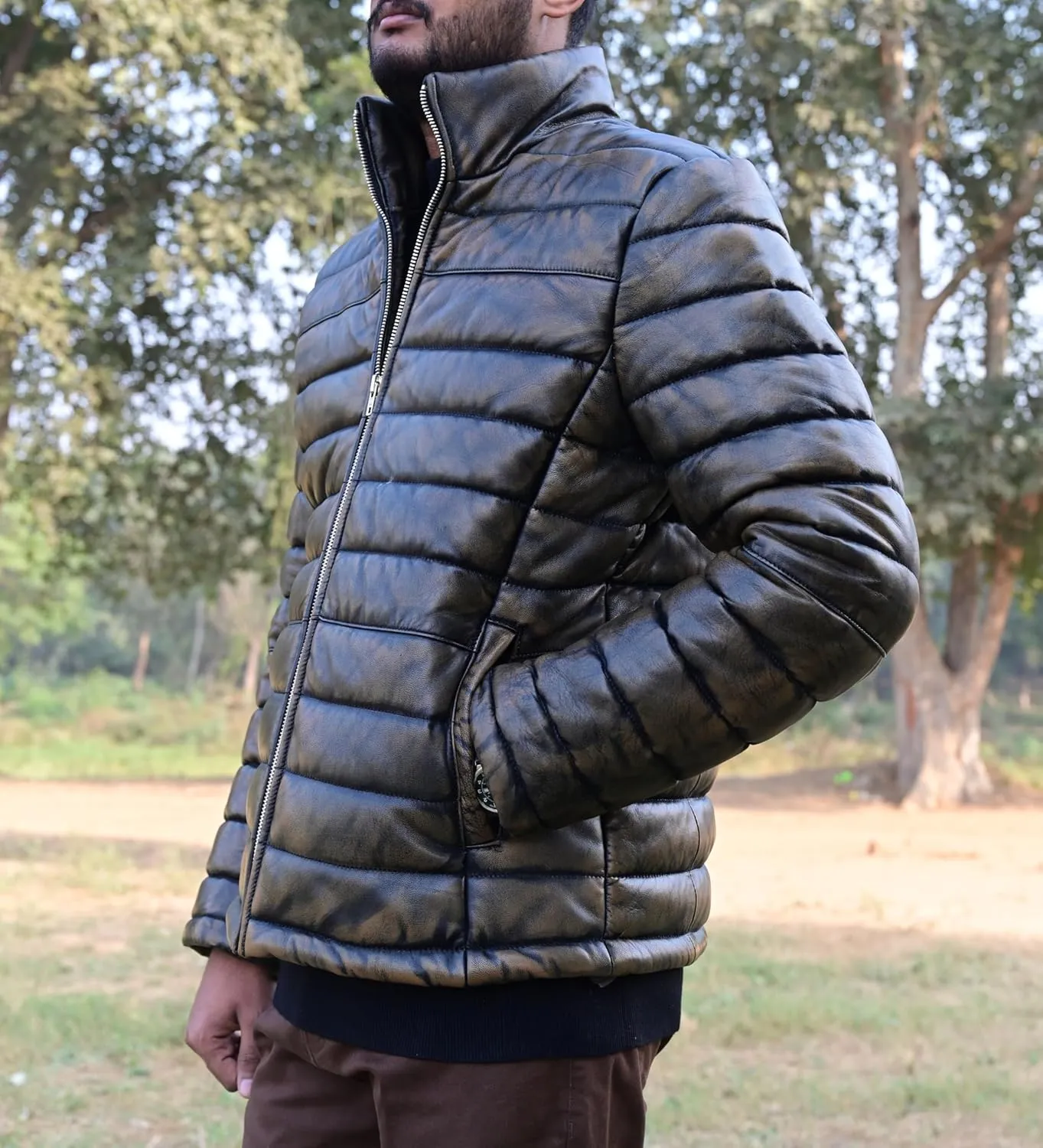 Mens Puffer Jacket Lambskin Down Leather Quilted Jacket Lightweight Zip Up Winter Mens Puffer Coat