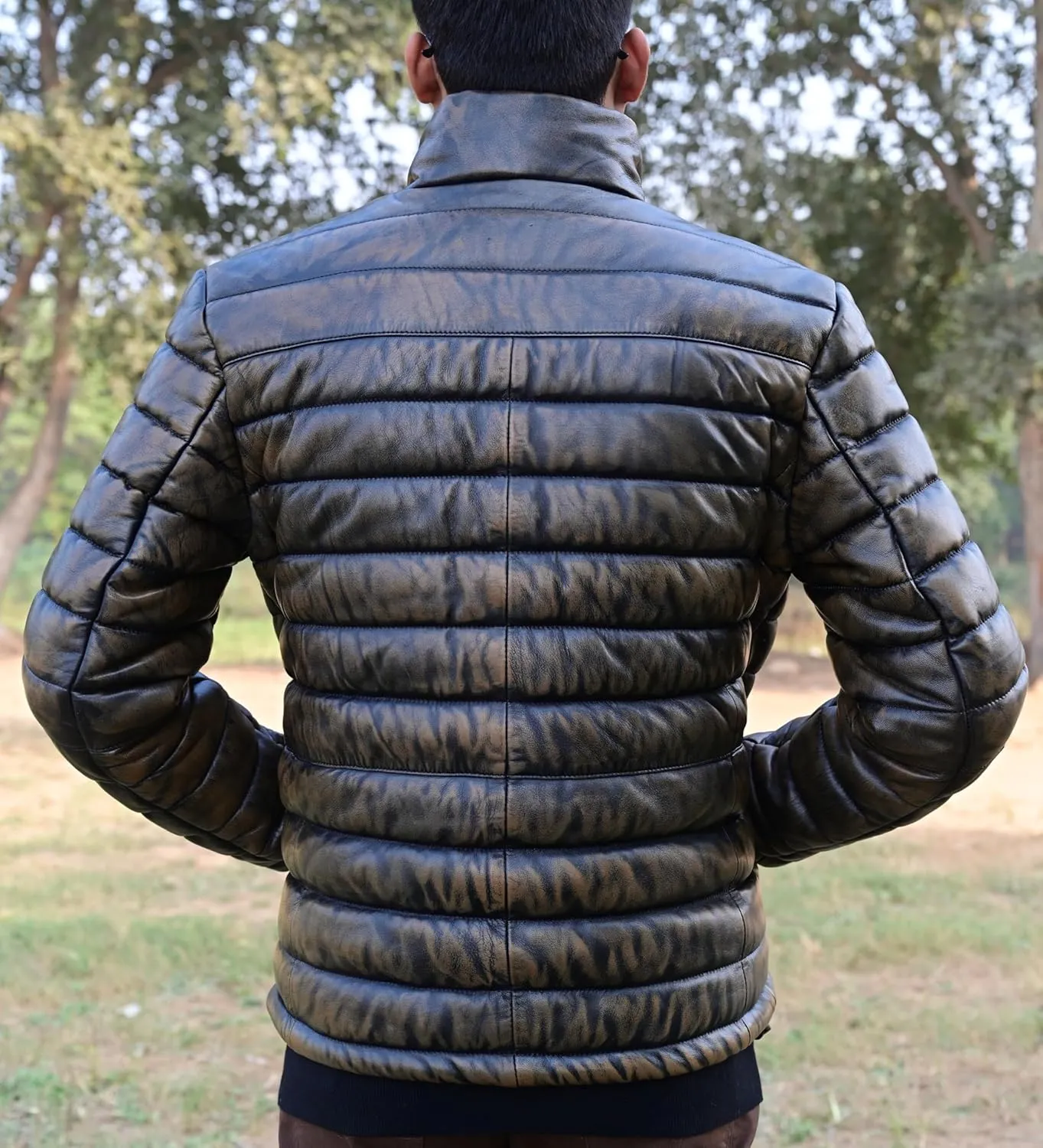 Mens Puffer Jacket Lambskin Down Leather Quilted Jacket Lightweight Zip Up Winter Mens Puffer Coat
