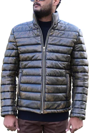 Mens Puffer Jacket Lambskin Down Leather Quilted Jacket Lightweight Zip Up Winter Mens Puffer Coat