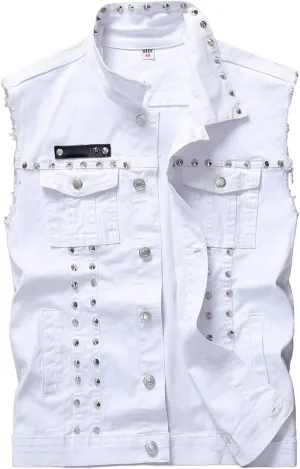 Men's Punk Denim Vest Sleeveless Jean Jackets With Rivets