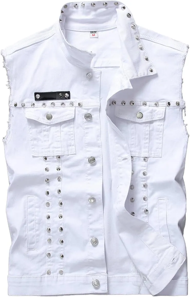 Men's Punk Denim Vest Sleeveless Jean Jackets With Rivets